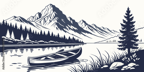 A serene lake scene with a canoe and majestic mountains Vector