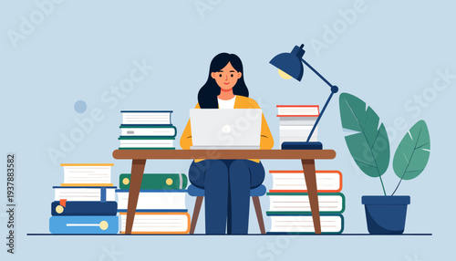 Young woman focused on her laptop, working or studying diligently amidst towering stacks of books, symbolizing dedication to education and personal growth at a home desk