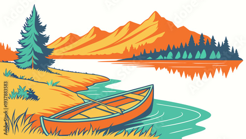 A canoe sits on the shore of a lake with mountains in the background Vector