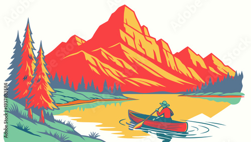 A person in a canoe on a lake with a mountain range in the background Vector