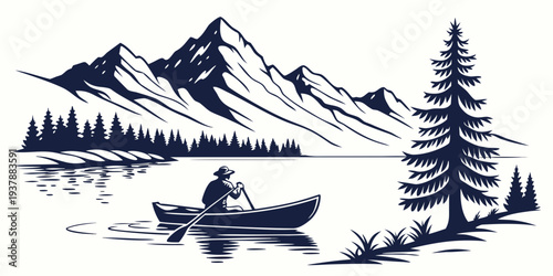 A man in a canoe on a serene lake with mountains in the background Vector