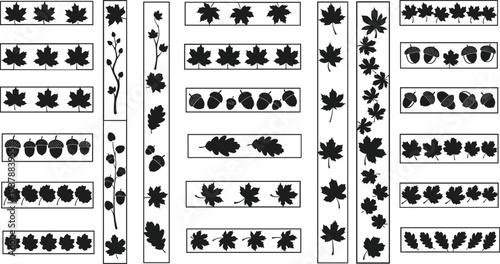 Autumn leaves and acorns in black silhouette