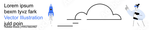 Education, innovation, startups, teamwork, creativity, goal-setting. Minimalistic rocket, cloud and person pointing at text. Innovation and startups with graphic icons