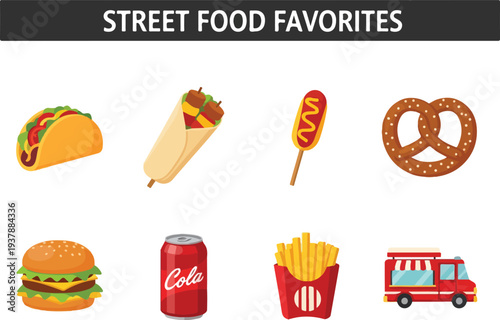 Image features street food including a taco wrap corn dog pretzel burger soda fries and food truck