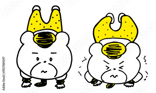 逆立ちするクマのキャラクターとしんどそうに震えている姿