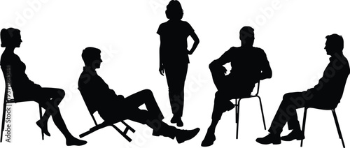 Business team silhouettes in group discussion with standing female leader and seated colleagues isolated on white background, corporate meeting teamwork leadership concept