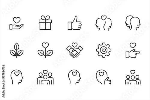 Minimal Love Kindness And Empathy Line Icon Set With Heart Symbols