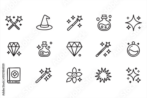 Minimal Magic Wizard And Fantasy Sparkle Line Icon Set