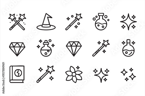 Fantasy Magic And Sparkle Line Icons For Fairytale Design