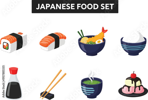 Japanese food set with sushi ramen rice bowl soy sauce chopsticks tea and dessert