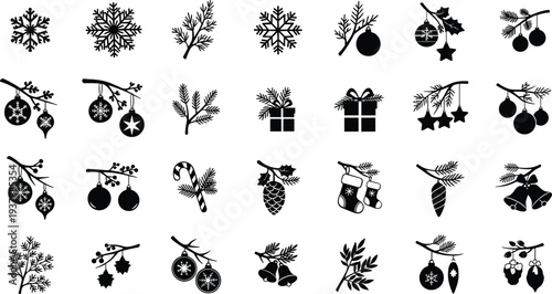 Christmas icons set with black silhouettes of ornaments and decorations