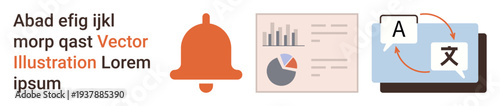 Business communication, data analysis, translation tools, digital marketing, workflow systems, notifications. Bell icon, charts and translation symbols displayed. Business communication and data