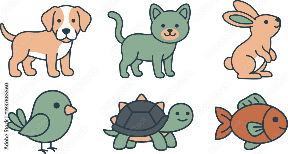 Fototapeta premium Domestic Pets and Household Animals Illustration Set 