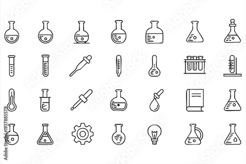 Science Laboratory Equipment Line Icon Set with Chemistry Flasks and Test Tubes