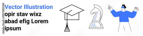 Education, strategy, virtual reality, foresight, innovation, future planning. Graduation cap, chess knight VR glasses with a gesturing person. Education and strategy concepts