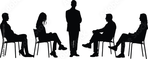 Silhouette of business team meeting with leader standing and colleagues seated on chairs isolated on white background, corporate discussion concept professional office strategy planning session