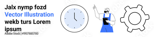 Productivity, workflow, time management, planning, industry, teamwork. Worker with tablet standing next to a clock and gear symbol. Productivity and workflow concept