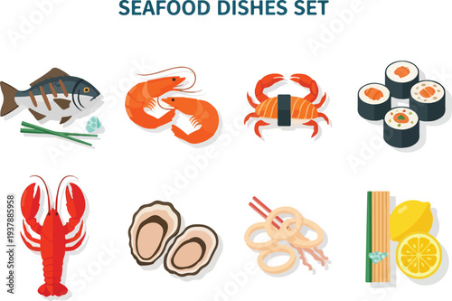 Seafood dishes set illustration with various seafood and sushi on a white background