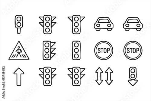 Traffic Lights Cars and Pedestrian Crossing Outline Icon Collection