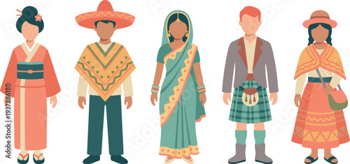 People in Traditional Ethnic Costumes Cultural Diversity Set
