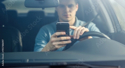 Young man using a smartphone while driving a car. Concept of dangerous driving, distracted driver, traffic violation, mobile phone addiction, and road safety risk.