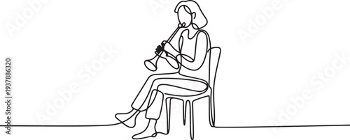 A woman plays the glucophone while sitting on a chair. International Strange Music Day. One line drawing for different uses Editable stroke