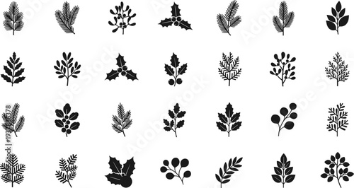 Collection of various black leaf and branch silhouettes on white background