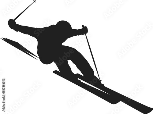 Black Silhouette of a Male Skier Downhill Racing on Snow for Winter Sports Competition, Extreme Mountain Skiing, Alpine Adventure, and Action Fitness Concept