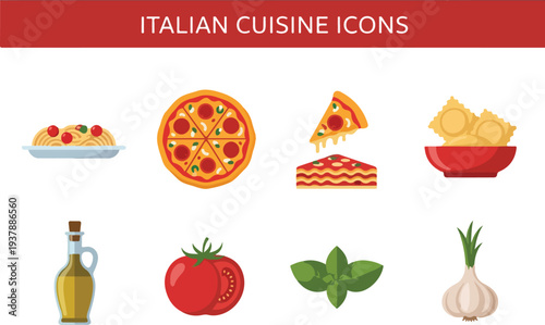 Vector graphic of Italian cuisine icons including pasta pizza lasagna ravioli oil tomato basil and garlic