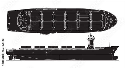 Cargo ship tanker blueprint with top and side view, black silhouette vector illustration