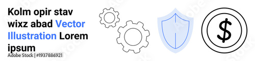 Business security, technology, industry, finance, protection, automation. Gears, shield and currency icon on white background. Business security and technology concepts
