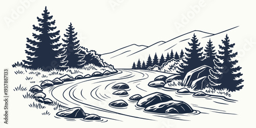 A mountain landscape with a river flowing through it Vector