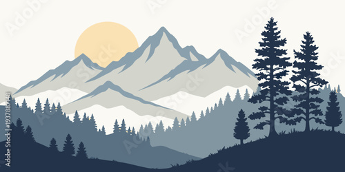 A mountain range with trees and a sun Vector