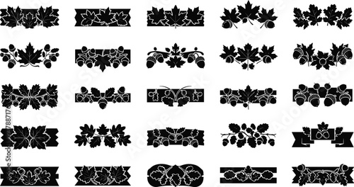 Elegant black and white leaf and acorn illustrations
