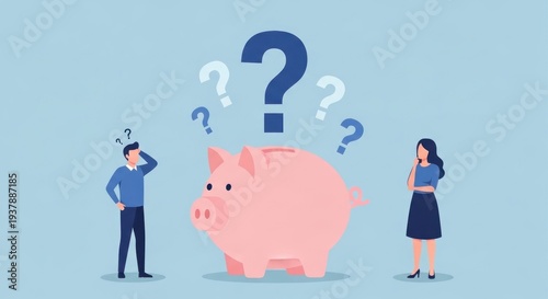 Couple pondering financial decisions with a large piggy bank surrounded by question marks