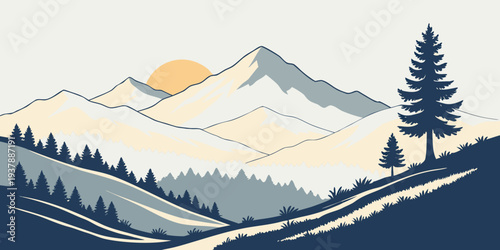 A mountain range with a sun and birds Vector
