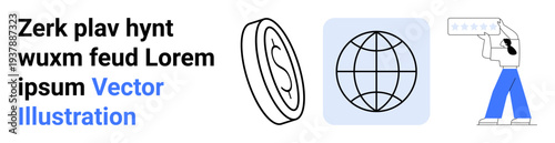 Finance, global connectivity, feedback systems, user interaction, communication, digital economy. ion of a coin, globe and person rating with a gesture. Finance and global connectivity concepts