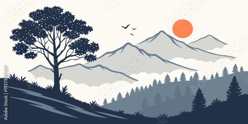A mountain landscape with a sun rising over the peaks Vector