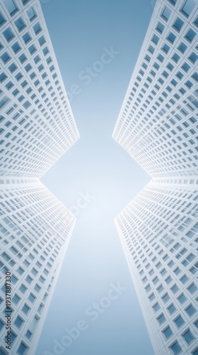 Gazing upward, two towering skyscrapers with sleek glass facades stretch into a clear blue sky. The light brightens the scene, highlighting architectural beauty and urban wonder