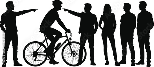 Group of people silhouettes arguing with cyclist on bicycle, conflict discussion scene isolated on white background, social interaction and disagreement concept illustration