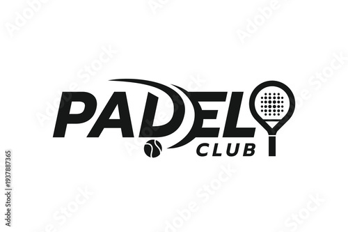 Padel logo, padel typeface text logo, padel racket and ball logo design vector