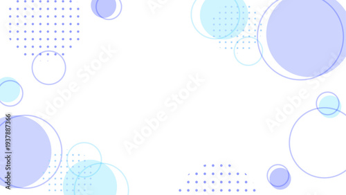 くすみパステルの青と青紫の円とドット　北欧ナチュラルなメンフィスフレーム背景　中央コピースペース　バナー・プレゼン向け16:9抽象デザイン