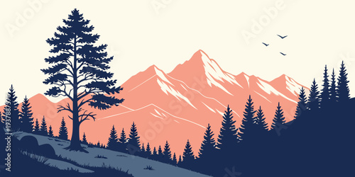 A serene mountain landscape with a tree and birds Vector