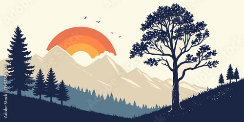 A serene mountain landscape at sunset with trees Vector