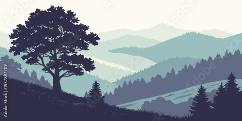 A mountain range with trees in the foreground Vector