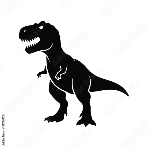 Black silhouette of a tyrannosaurus rex dinosaur standing on a white background with sharp teeth and claws