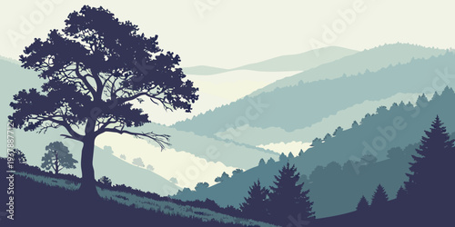A tree on a hillside in a valley with mountains Vector
