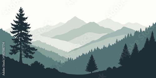 A tree on a hill overlooking mountains Vector