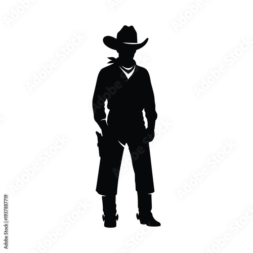 Silhouette of a cowboy wearing a hat and holding a gun in a western outfit on white background