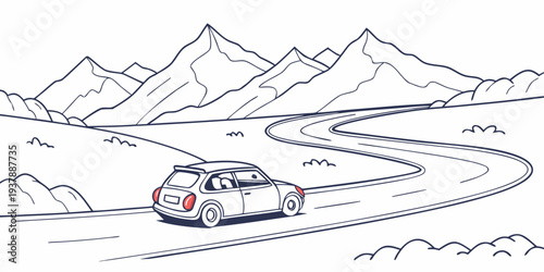 A car drives down a snowy mountain road Vector